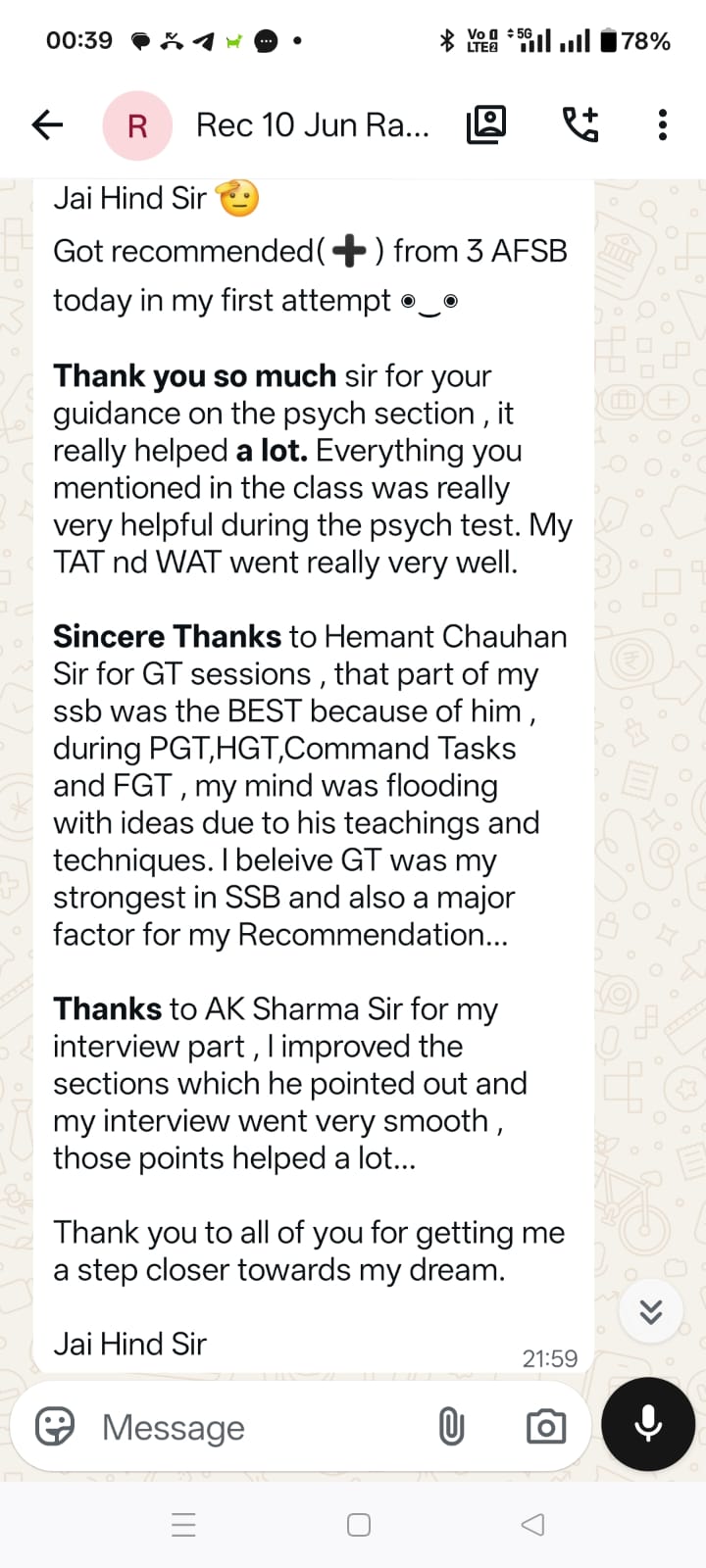 SSB Mentors student testimonial